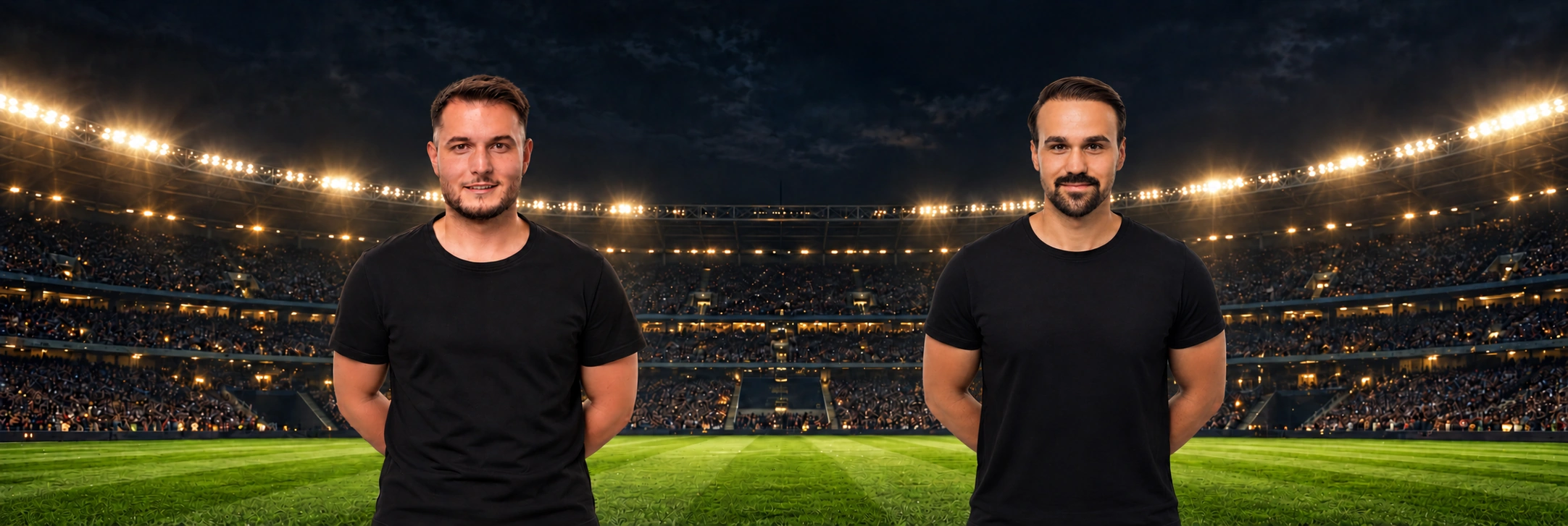 Senad links und Jasko Mesinovic rechts auf einem Fussballplatz unter Flutlicht.